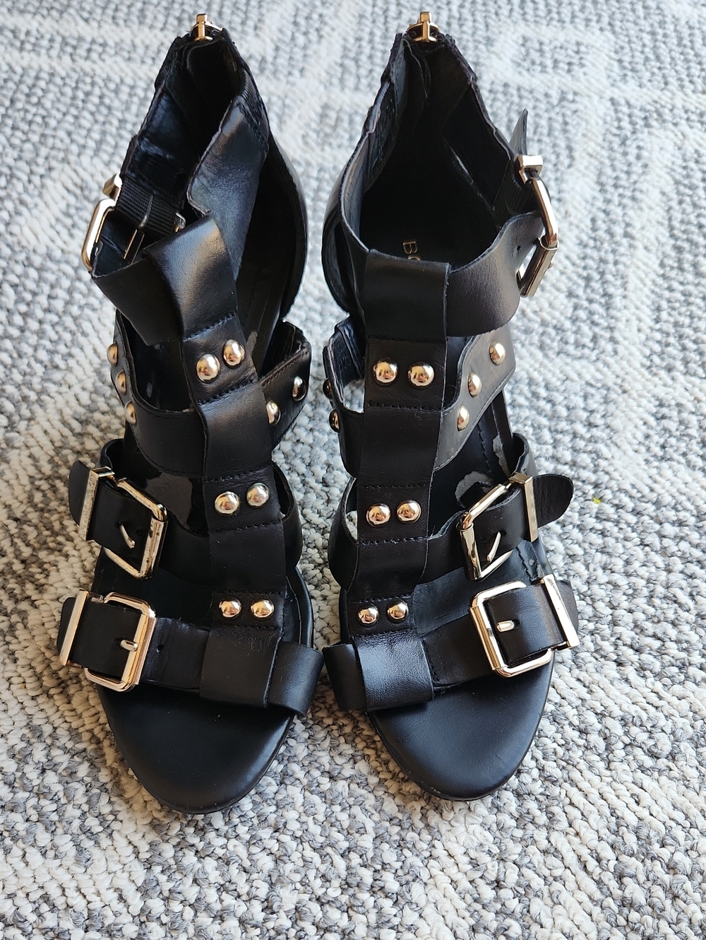 BCBGeneration Black Gladiator Sandals with Gold Studs & Buckles
